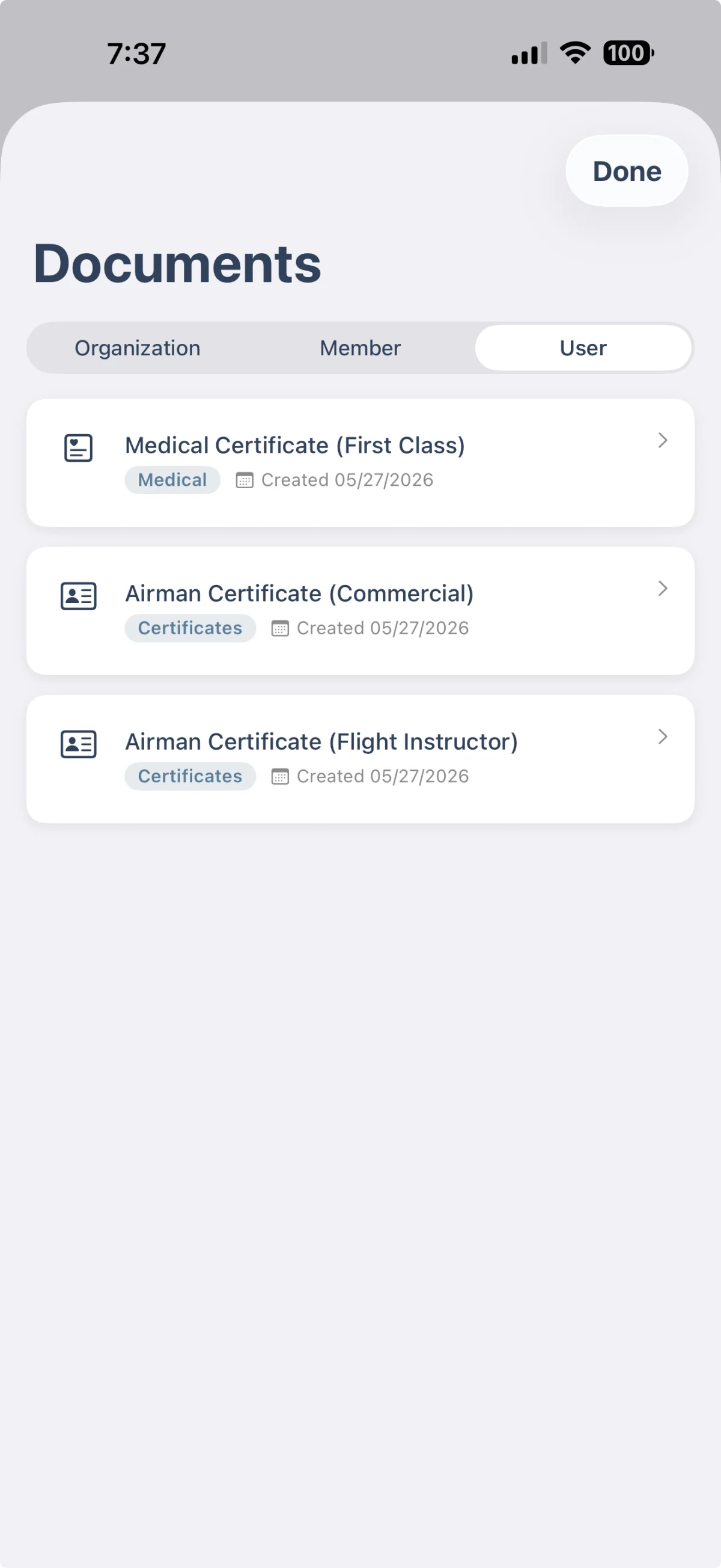 Documents tab on iOS