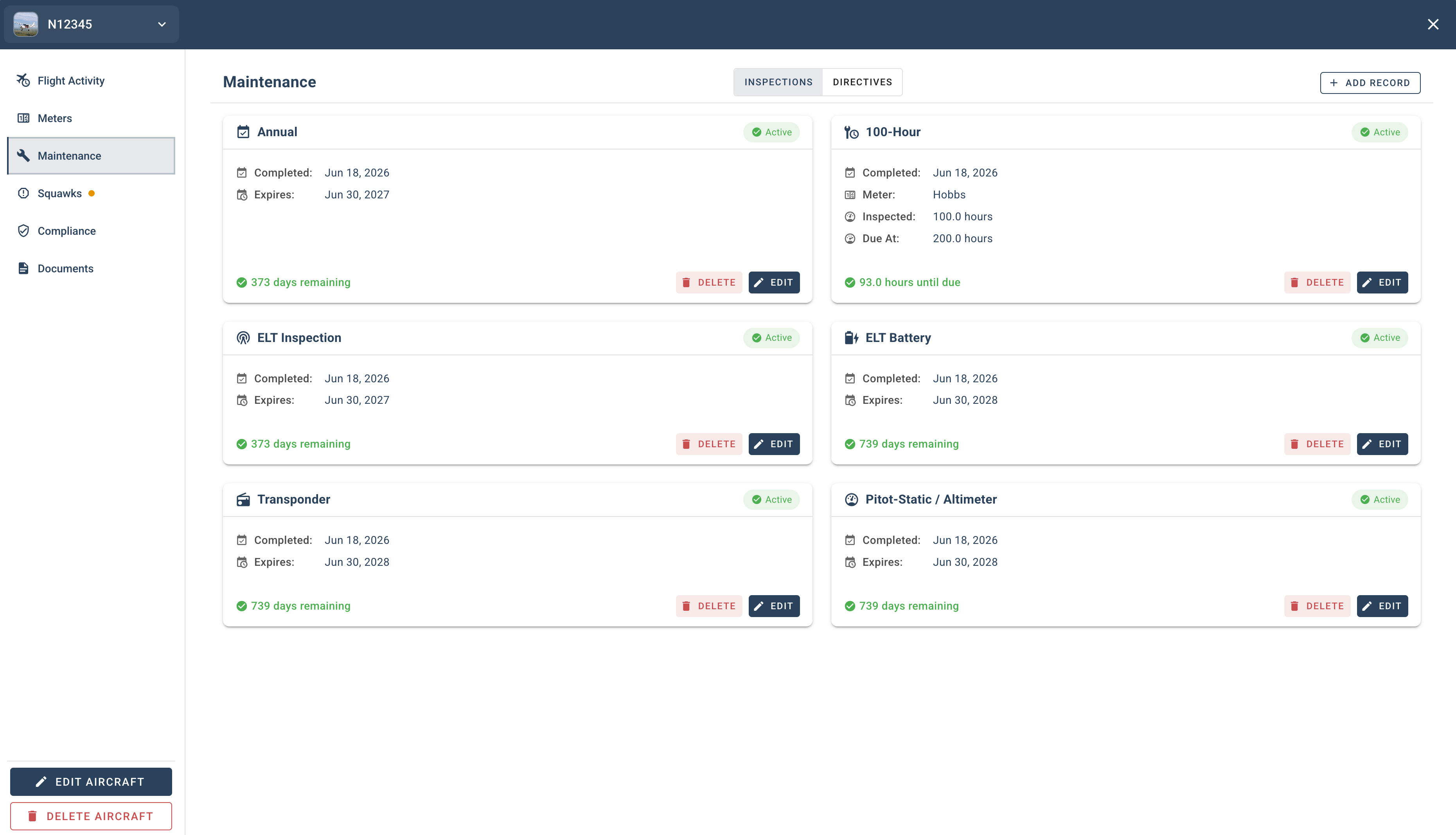 Aircraft compliance view showing inspections and ARROW records
