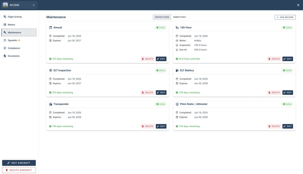 Aircraft compliance view showing inspections and ARROW records