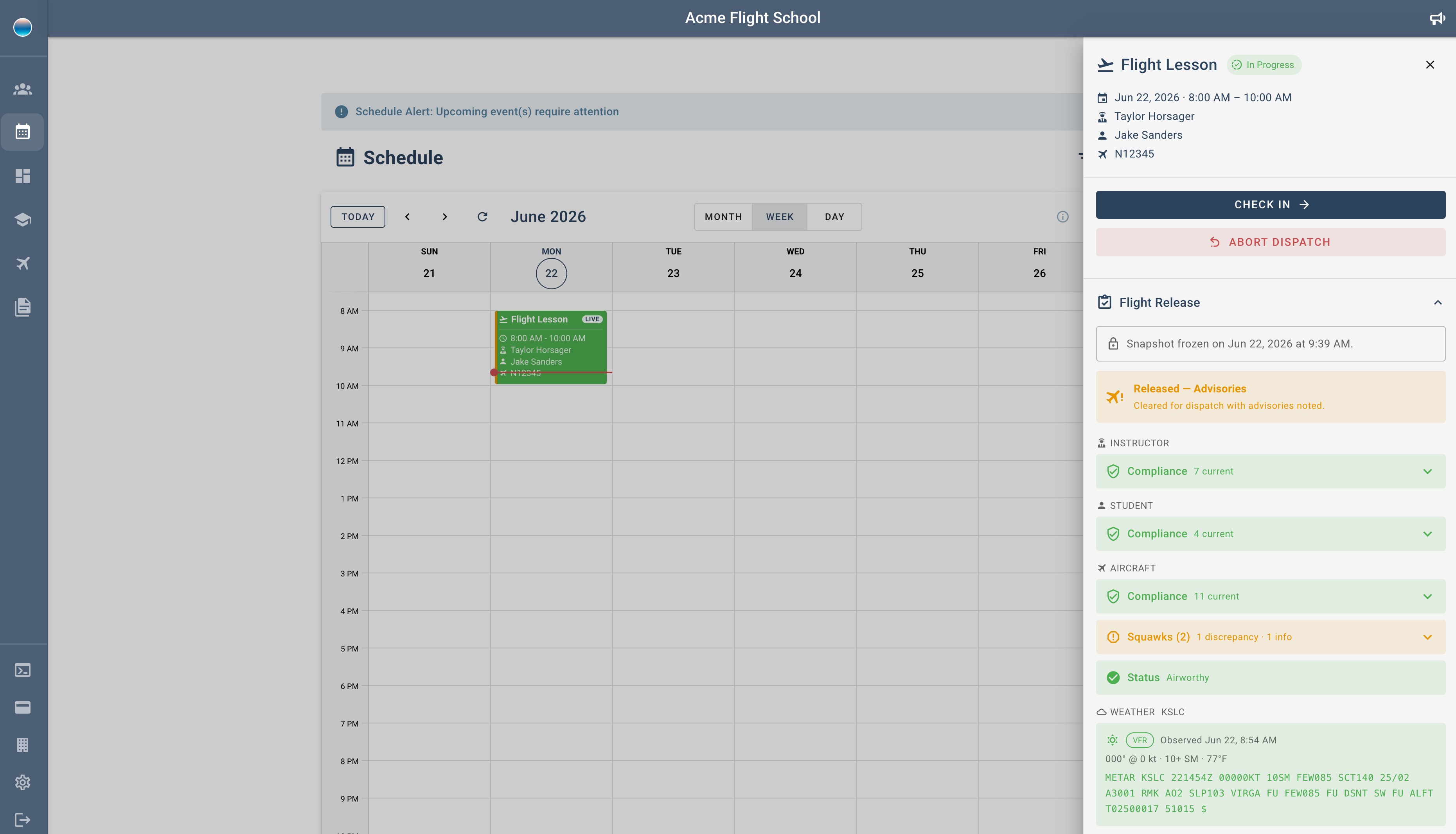 Dispatch drawer showing check-out, go/no-go check, and the completed flight record
