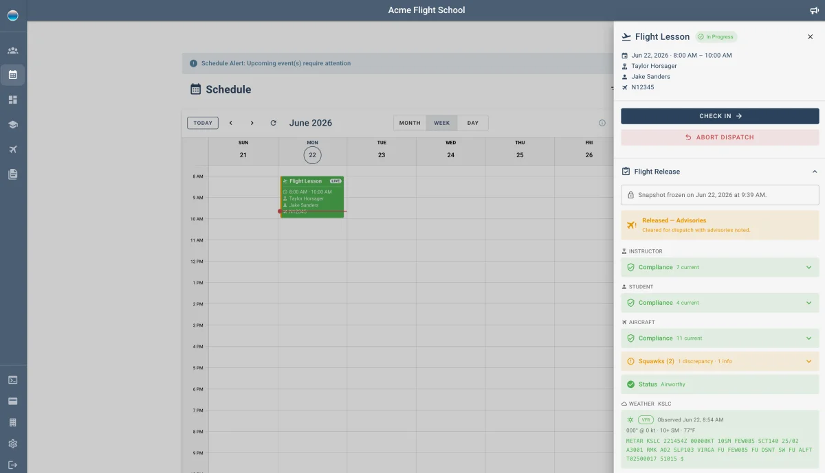 Dispatch drawer showing check-out, go/no-go check, and the completed flight record