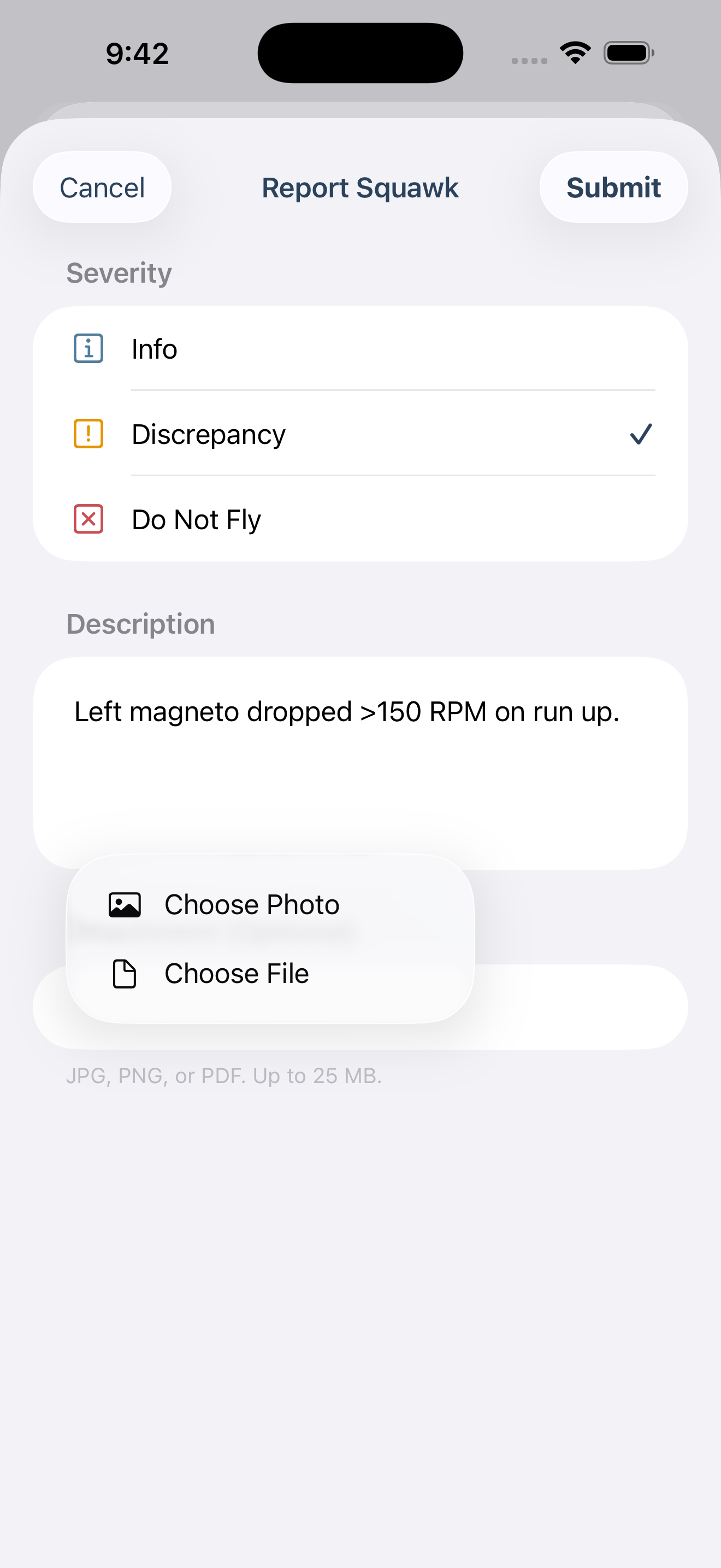 iOS squawk filing screen