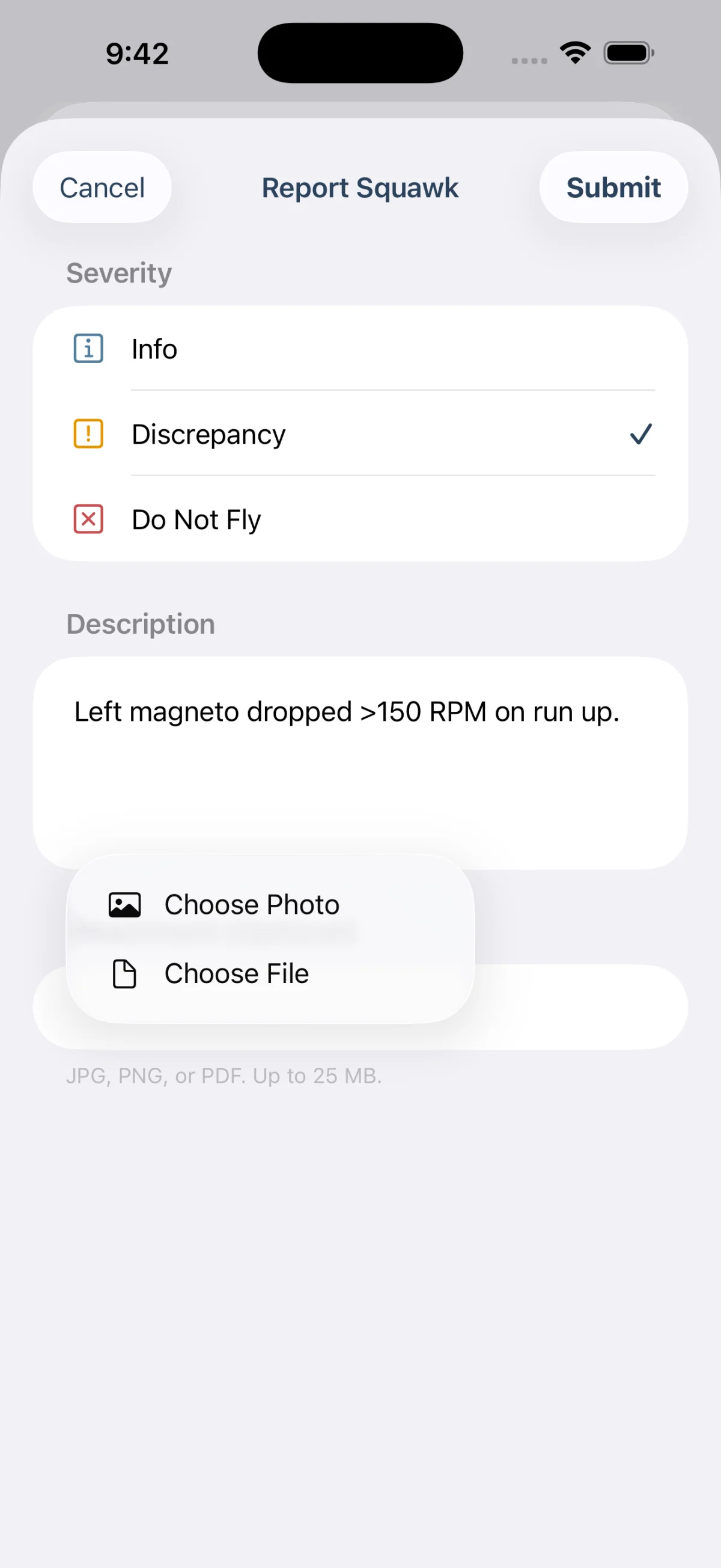 iOS squawk filing screen